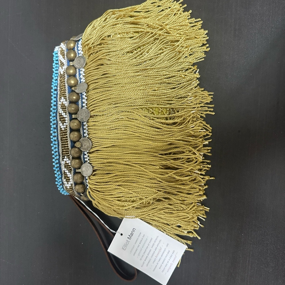 Elliot Mann Elegant Beaded Fringe Clutch - Gold and Blue